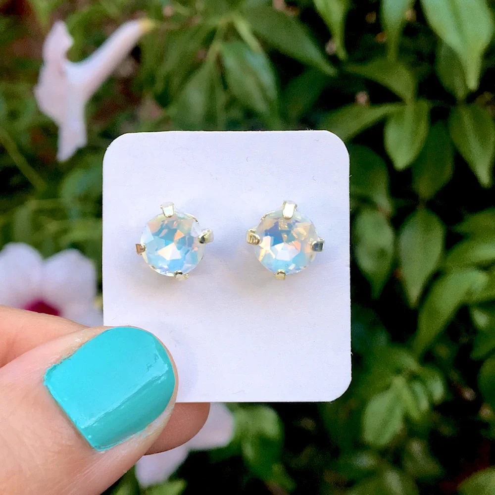 White Opal Aurora Borealis + Silver Crystal Stud Earrings